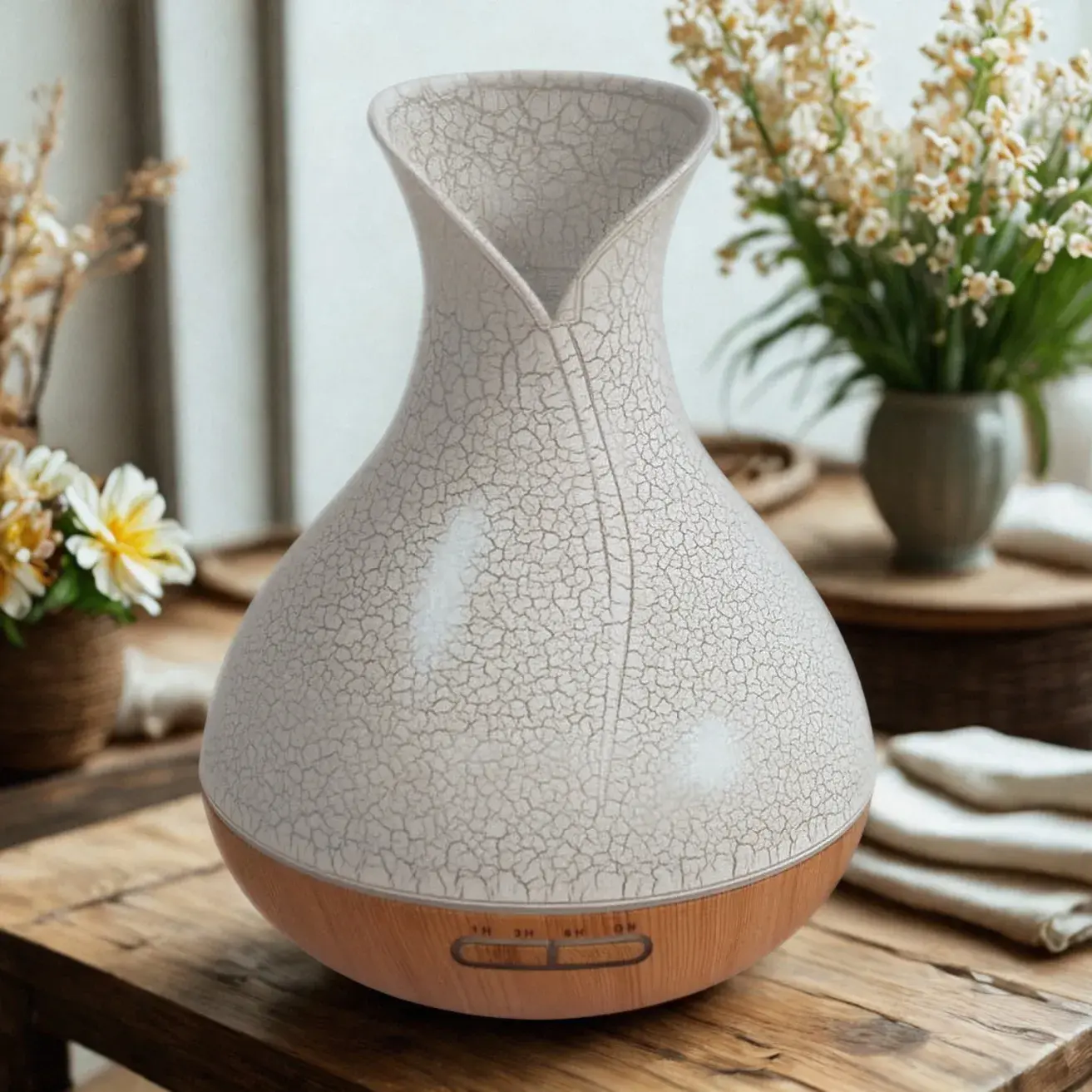 Aromadiffusor 400ml in weißer Crackle-Optik mit Sockel in Holzoptik, elegante Vasenform.