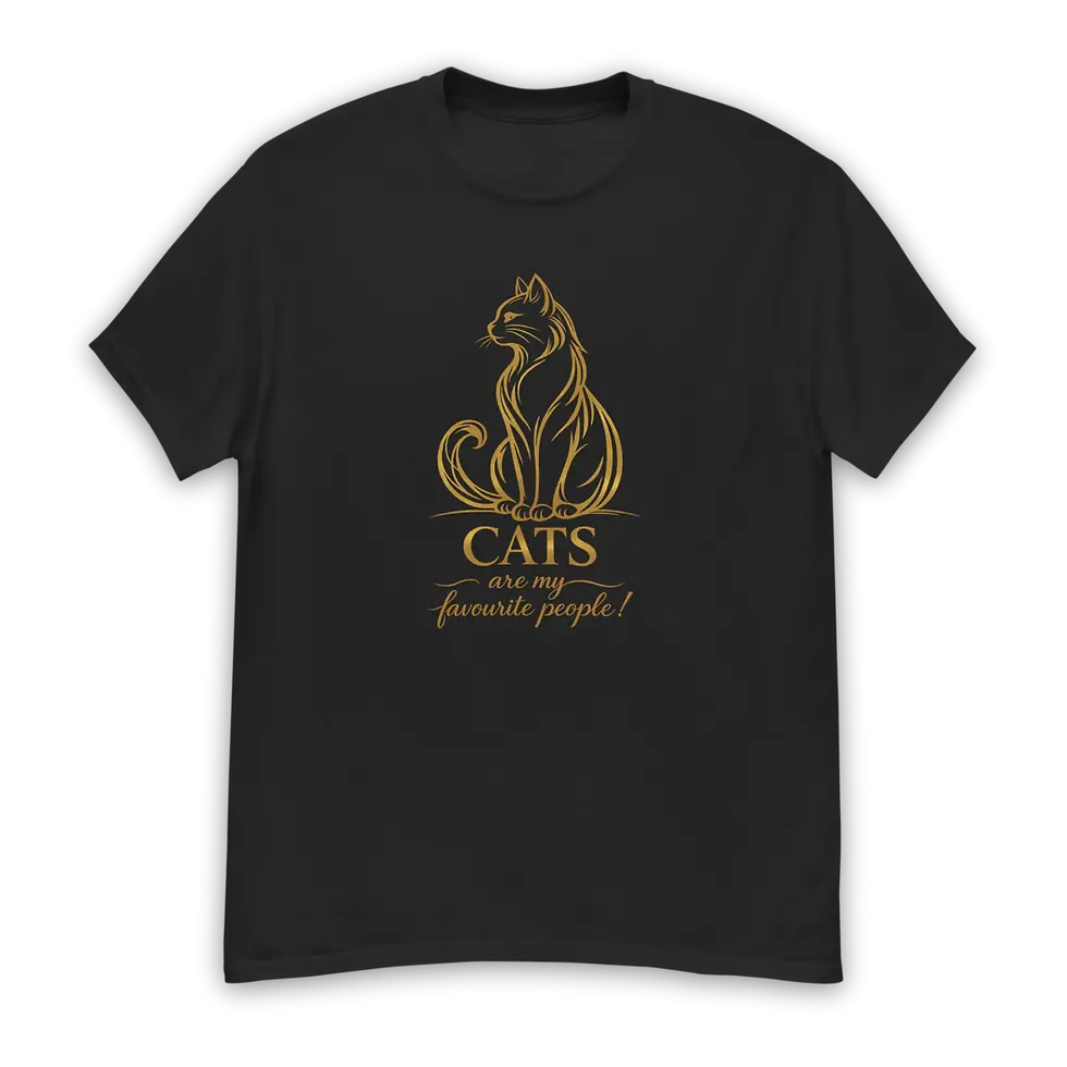 Black cat T shirt front view with gold illustrated cat and Cats are my favourite people lettering