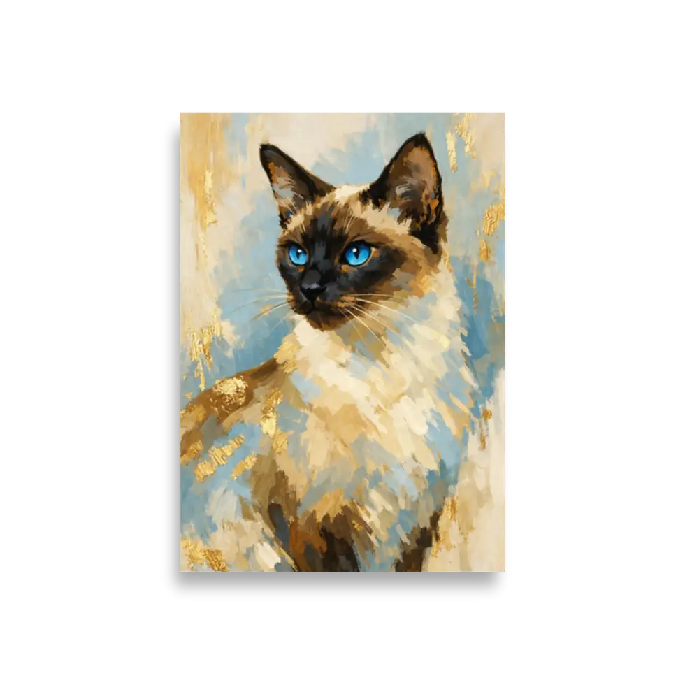Front view of Siamese cat portrait wall art with painterly brushstrokes and gold accents