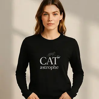 Woman wearing black T-shirt with Catastrophe text and playful cat graphic