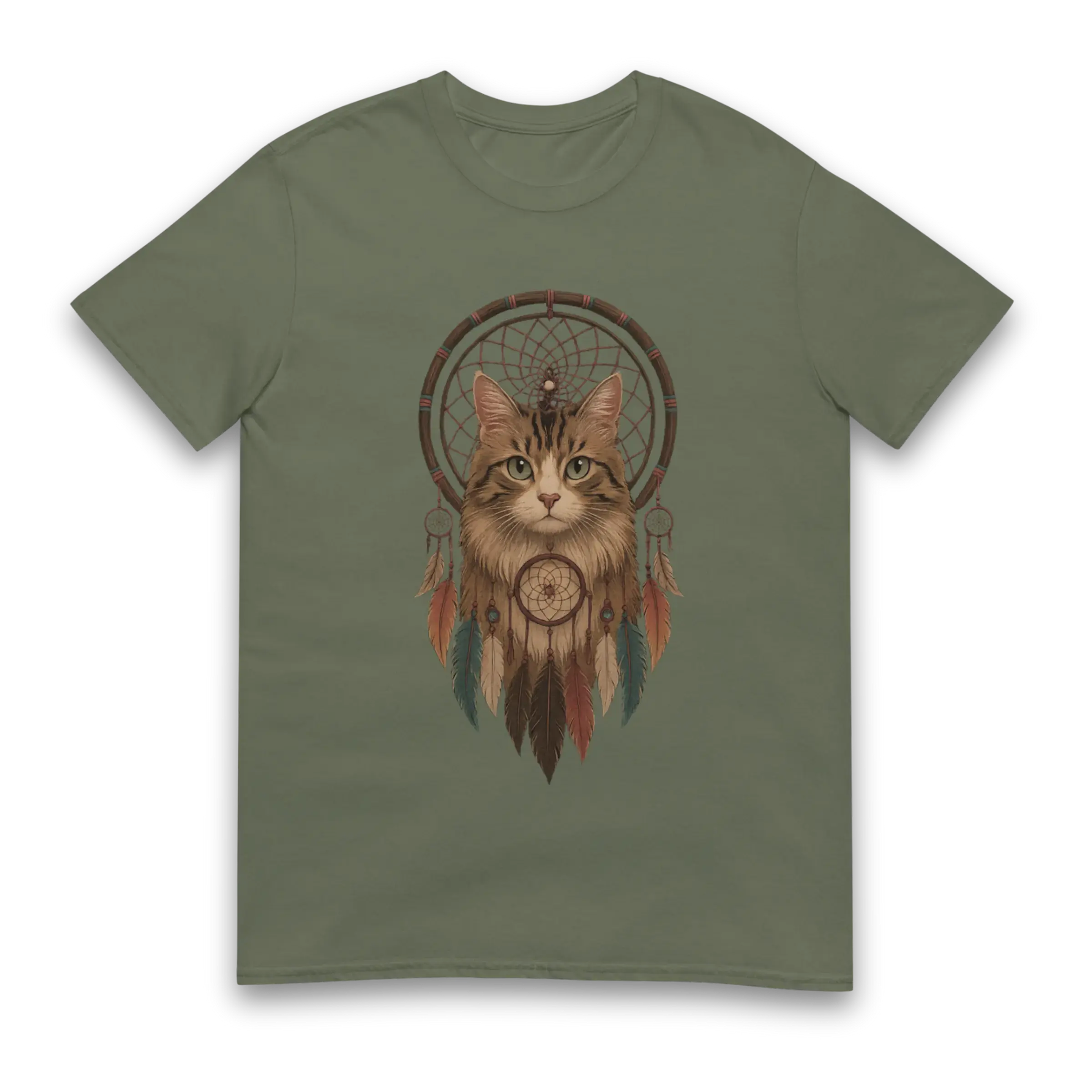 Unisex cat t-shirt in Military Green with dreamcatcher cat illustration, front view.