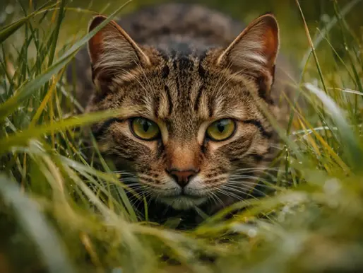Close-up of a tabby cat crouching low in tall green grass, looking directly into the camera with focused green eyes.