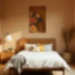 Bedroom interior with Samhain Bloom cat tapestry on wall above bed, styled with warm neutral bedding and autumn décor.