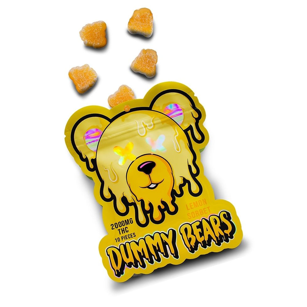 Thumbnail: Yellow bag with a melting yellow bear head. Five orange sugar-coated gummies float above. Text: 2000mg THC.