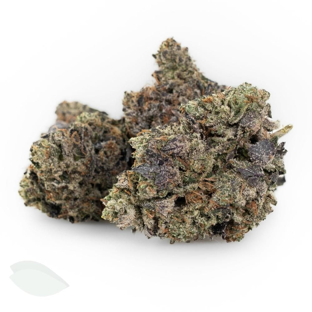 Frosty, hand-trimmed Pink Fire OG indica flower.