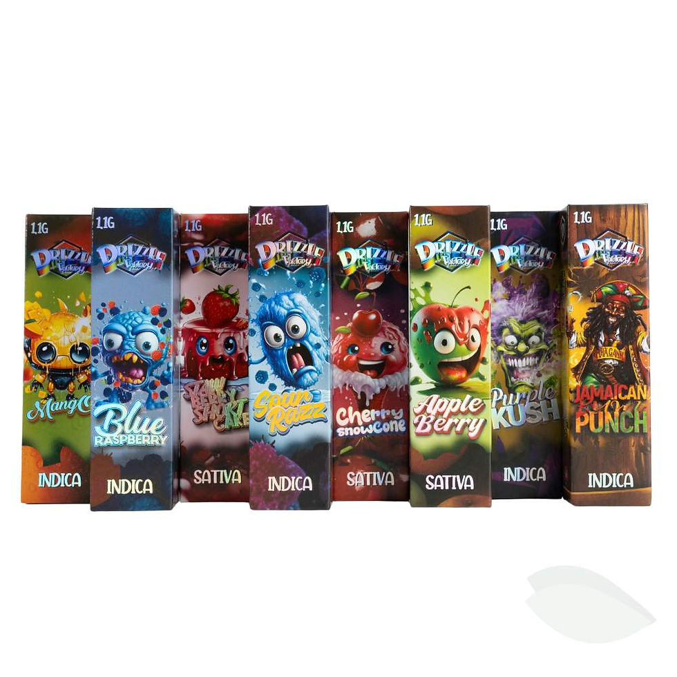 Thumbnail: Assorted flavours of Drizzle Factory distillate vape pens