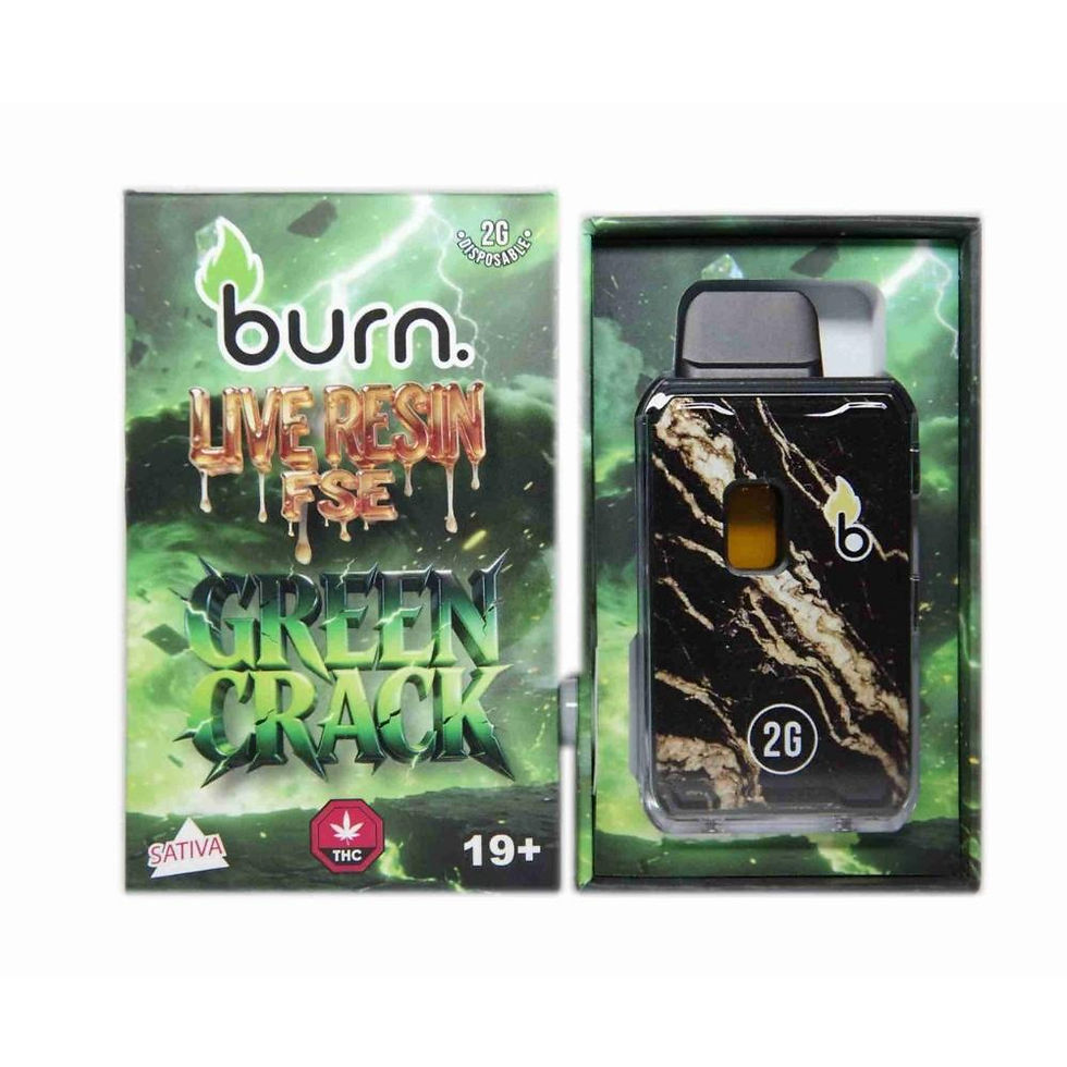 Burn Green Crack FSE Live Resin 2g disposable vape with retail packaging