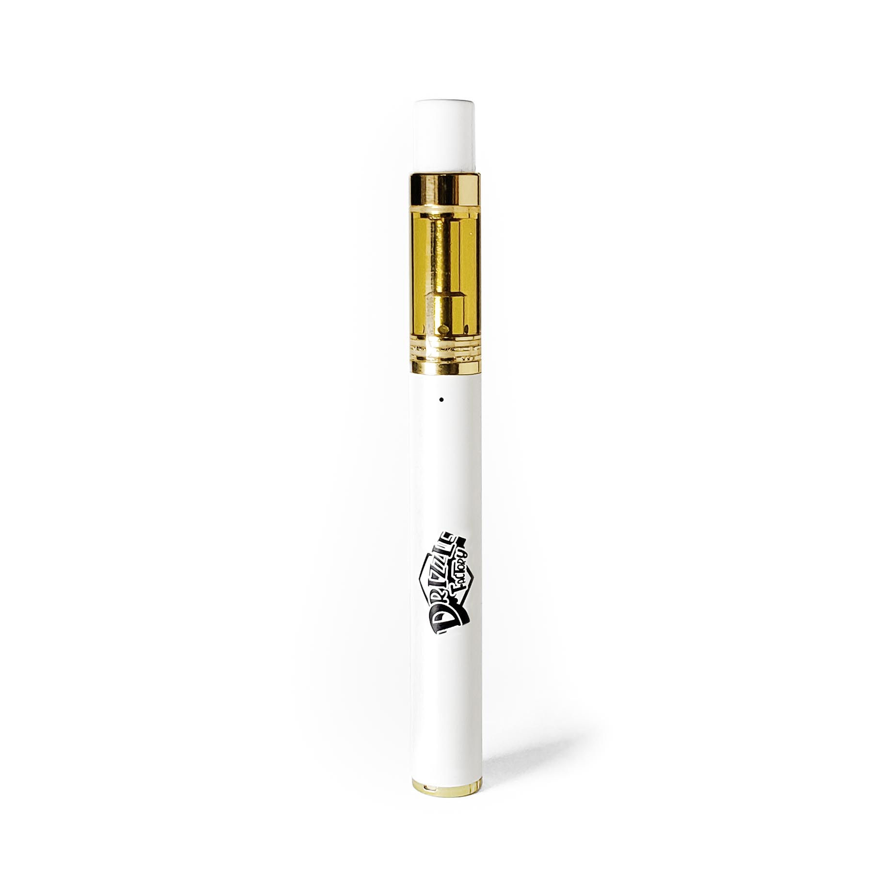 Drizzle Factory 1.1g disposable vape pen with gold cartridge, filled with THC distillate
