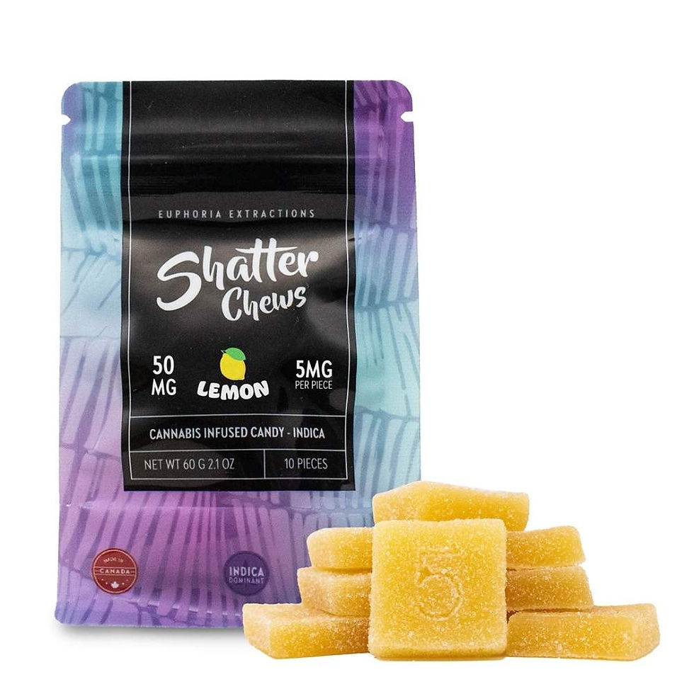 Thumbnail: Lemon Indica Shatter Chews, 50mg pack by Euphoria Extractions.