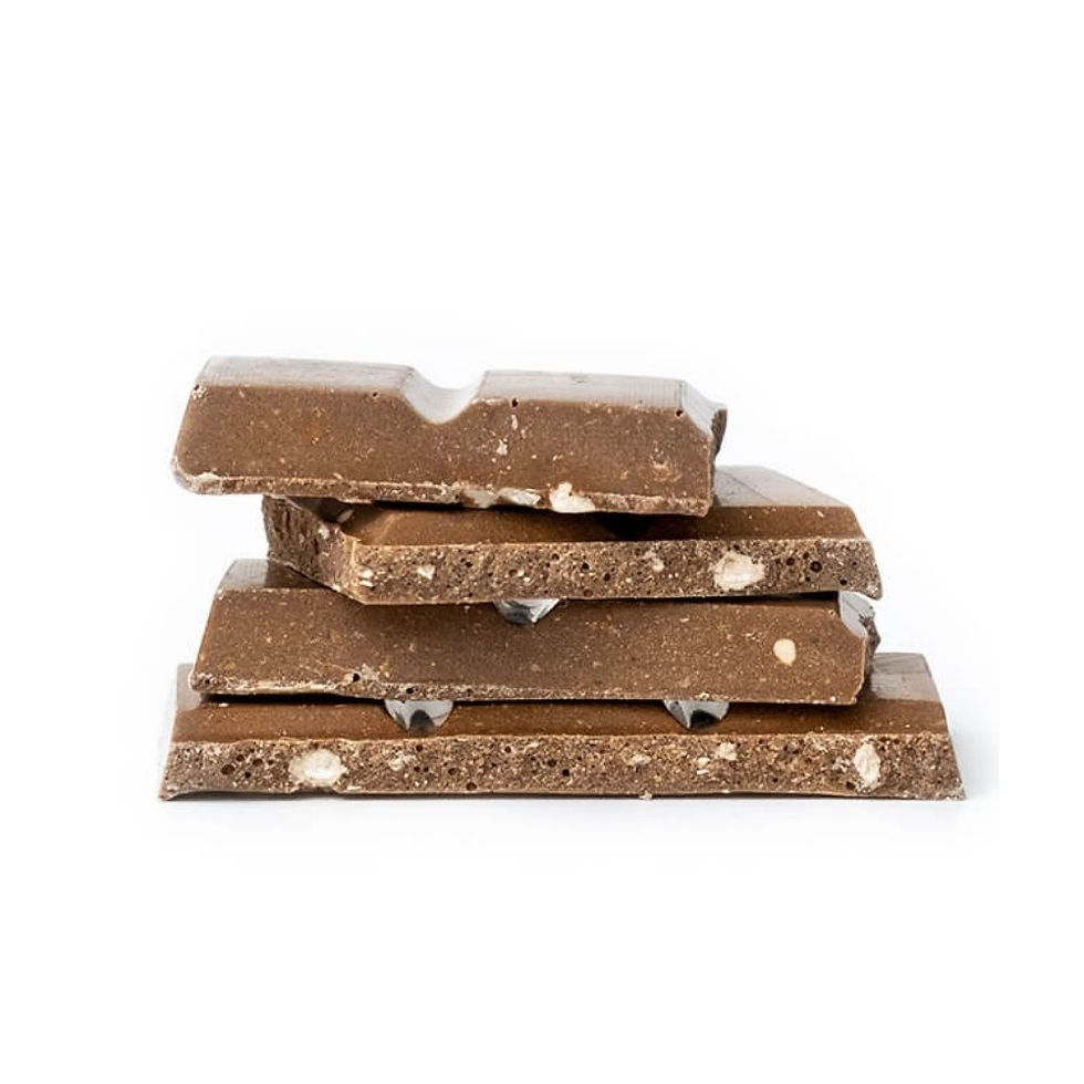 Thumbnail: A stack of s35 Chocolate Hazelnut Crunch showing large chunks of hazelnut within the chocolate