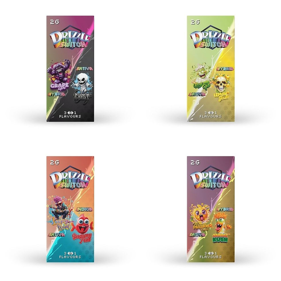 Thumbnail: Group of Drizzle Switch vape packages featuring indica, sativa, and hybrid strains