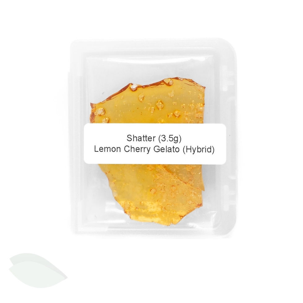 Thumbnail: A 3.5g slab of golden Vior shatter in a white container, labeled "Lemon Cherry Gelato (Hybrid)."