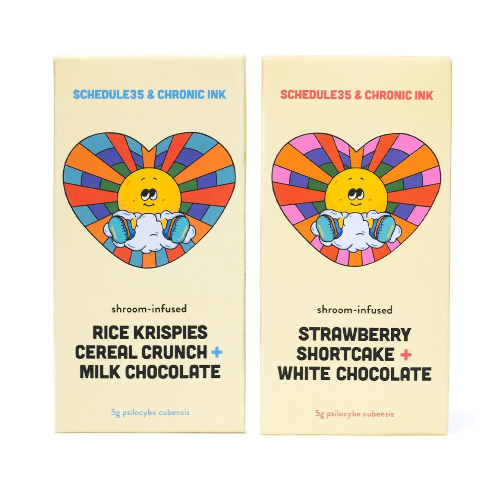 Two new Limited Edition shroom chocolate bars from Schedule35, with artwork from Chronic Ink