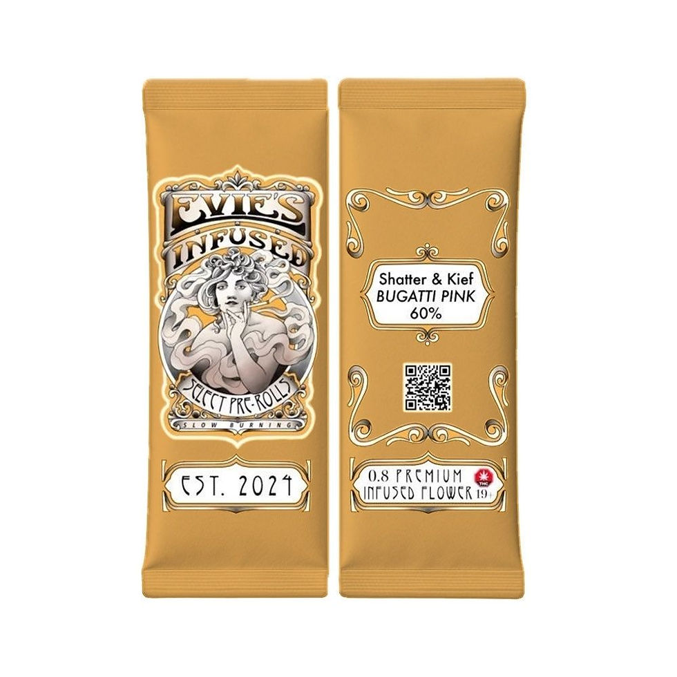 Thumbnail: Bugatti Pink infused pre-roll 60% THC shatter and kief packaging front and back