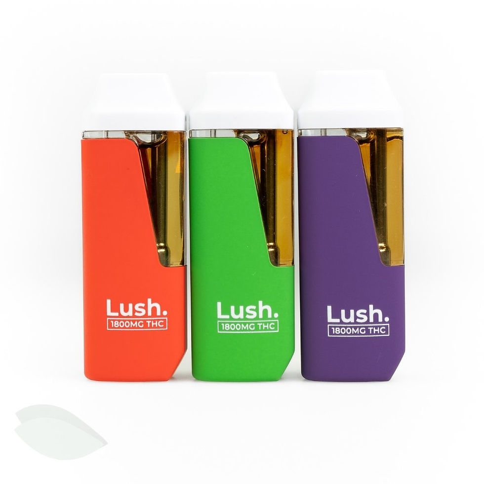 Three Lush disposable THC vape pens in red, green, and purple, labeled 1800mg THC.