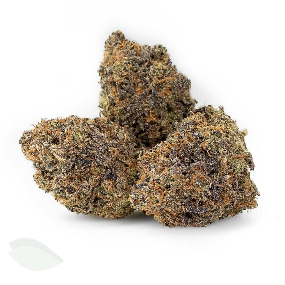 Ghost Train Haze AAAA sativa-dominant cannabis flower with dense purple-green buds and bright orange pistils
