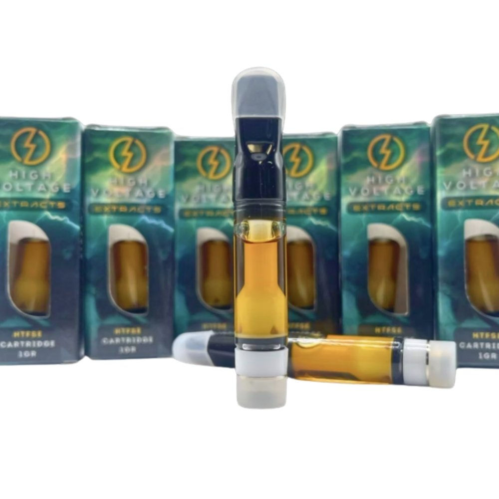 Two High Voltage Extracts sauce carts displayed in foreground with packaging in the background