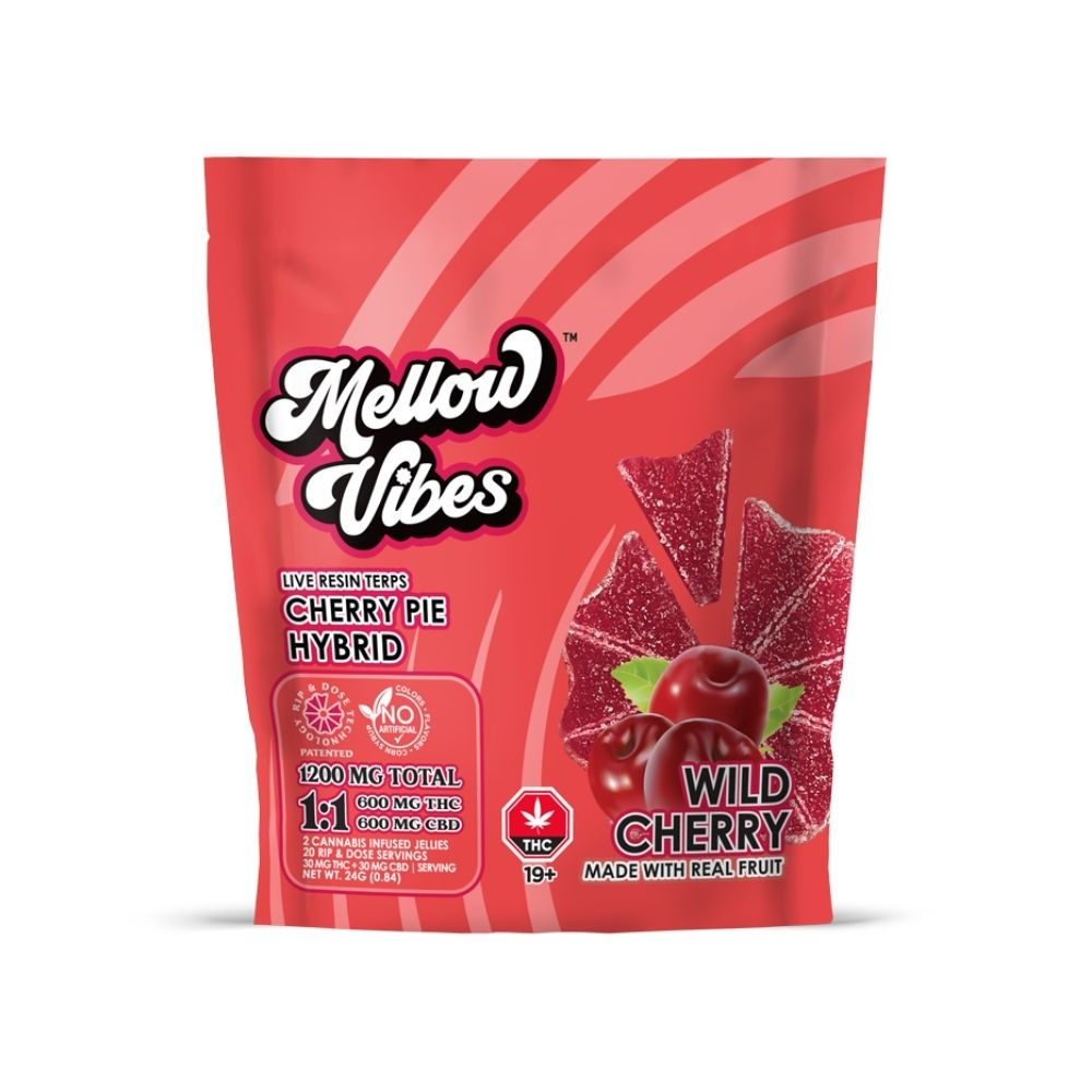 Mellow Vibes Wild Cherry 1:1 Hybrid Cannabis Gummies packaging showing 600mg THC and 600mg CBD dosage