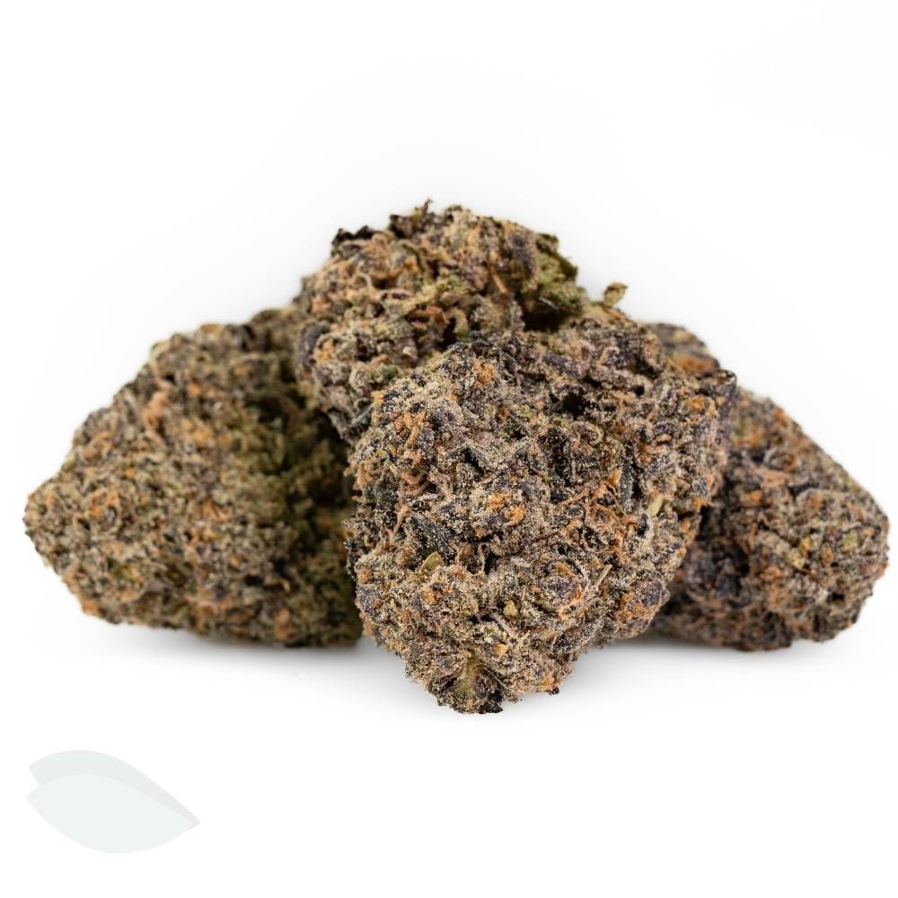 Close-up of dense Sunset Runtz cannabis buds with rich purple tones and vibrant orange hairs.
