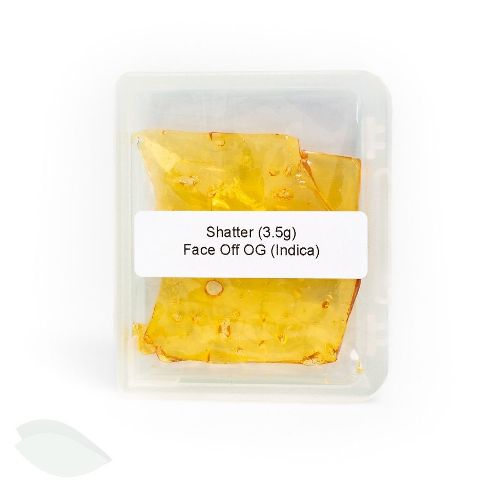 Thumbnail: A 3.5g slab of Vior shatter in its white container, labeled "Face Off OG (Indica)."