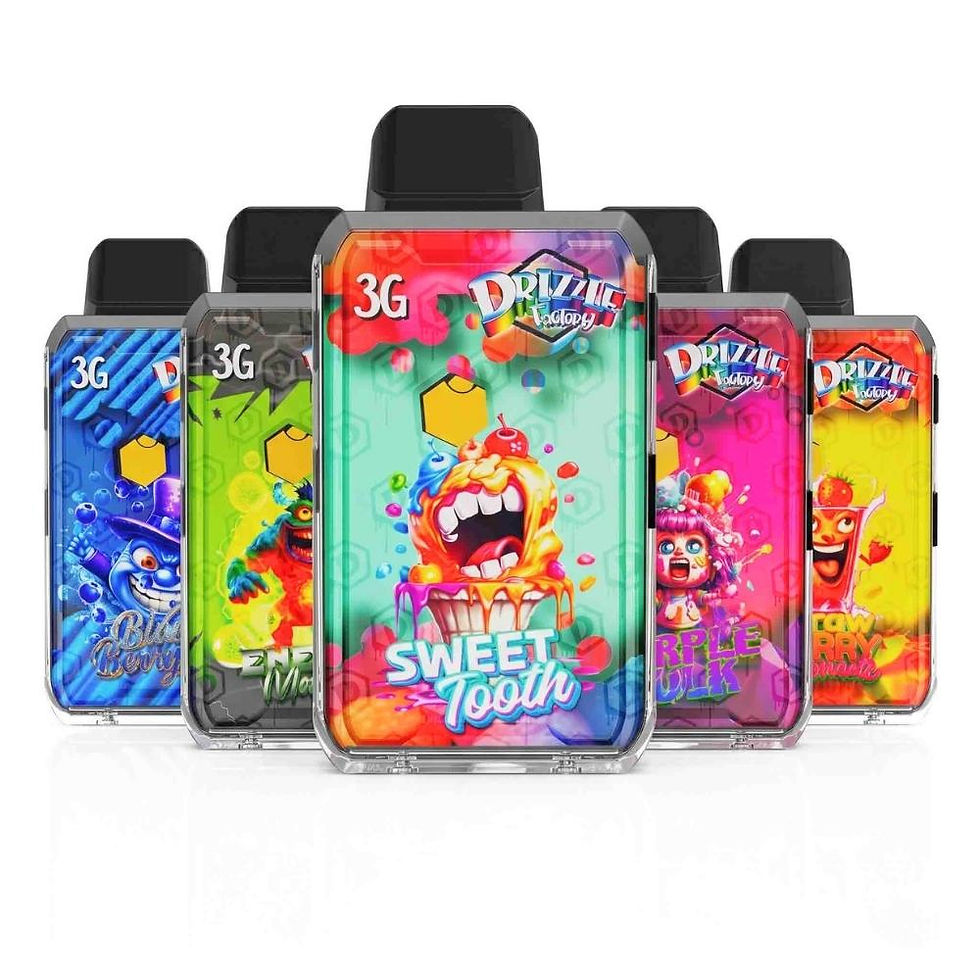 Five Drizzle Factory God Pod 3g THC vapes in colourful packaging, featuring Sweet Tooth in front.