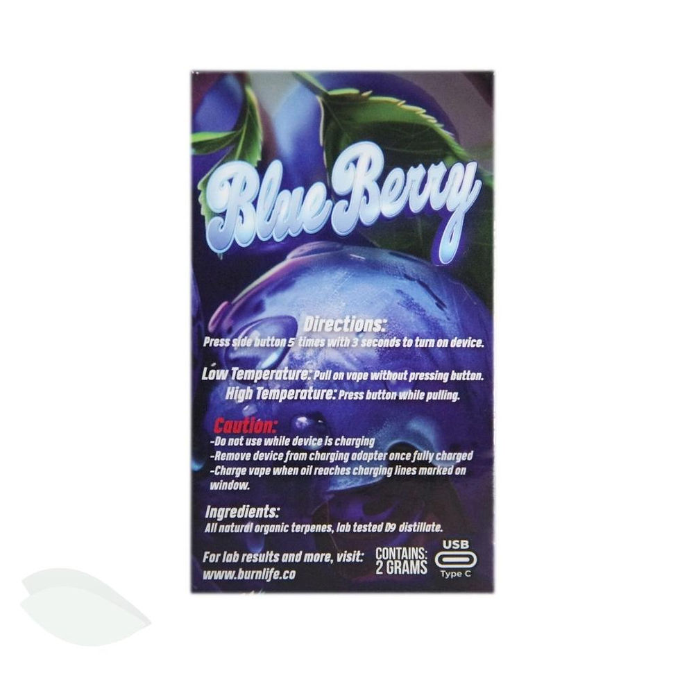 Thumbnail: The rear packaging and usage instructions for Burn's Blueberry Live Resin Vapes