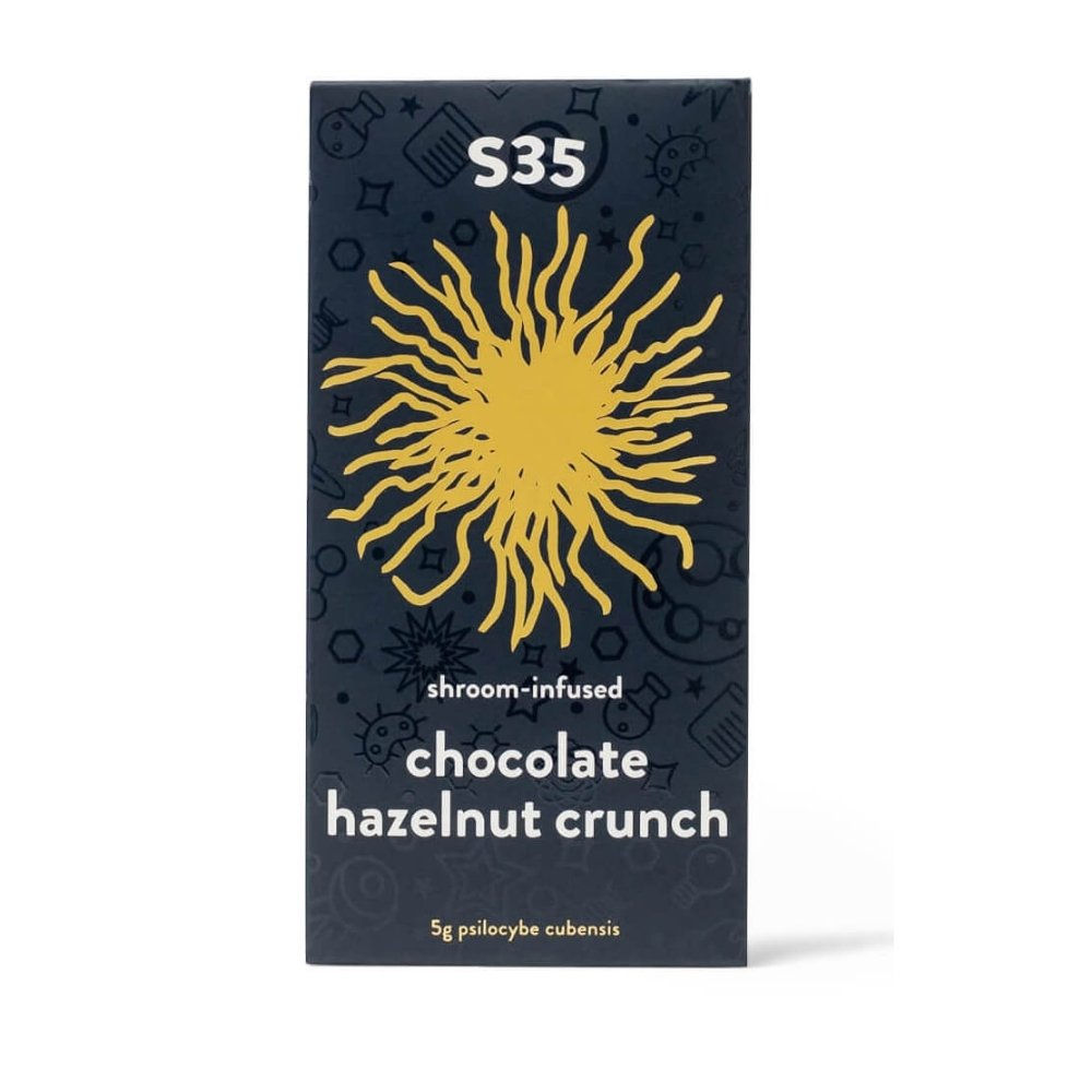 A Schedule35 Chocolate Hazelnut Crunch shroom bar displayed in packaging