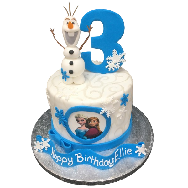 Bespoke Frozen-themed cake with icy blue and white icing, snowflake decorations, in Solihull, West Midlands.