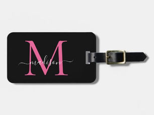 Review Black Magenta Pink Monogram Script Name Stylish Luggage Tag