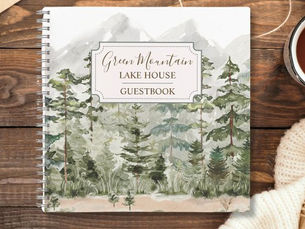 Hot Deals! Green Forest Mountain Cabin Lake House Guestbook Notebook