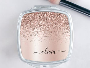 Best Deals! Rose Gold - Blush Pink Glitter Metal Monogram Name Compact Mirror