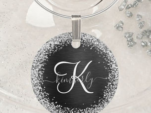 Big Deals! Custom Silver Glitter Black Sparkle Monogram Wine Charm