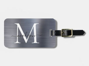 Hot Deals! Silver Gray Brushed Metal Script Monogram Cute Luggage Tag