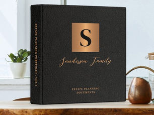 Review Estate planning documents black leather gold 3 ring binder