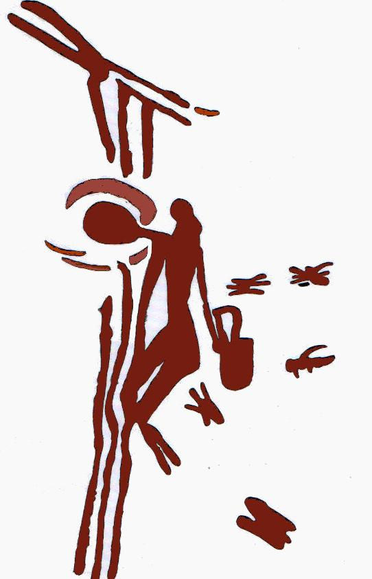 Mesolithic rock painting of a honey hunter harvesting honey and wax from a bees nest in a tree. At Cuevas de la Araña en Bicorp. (Dating around 8000 to 6000 BC)