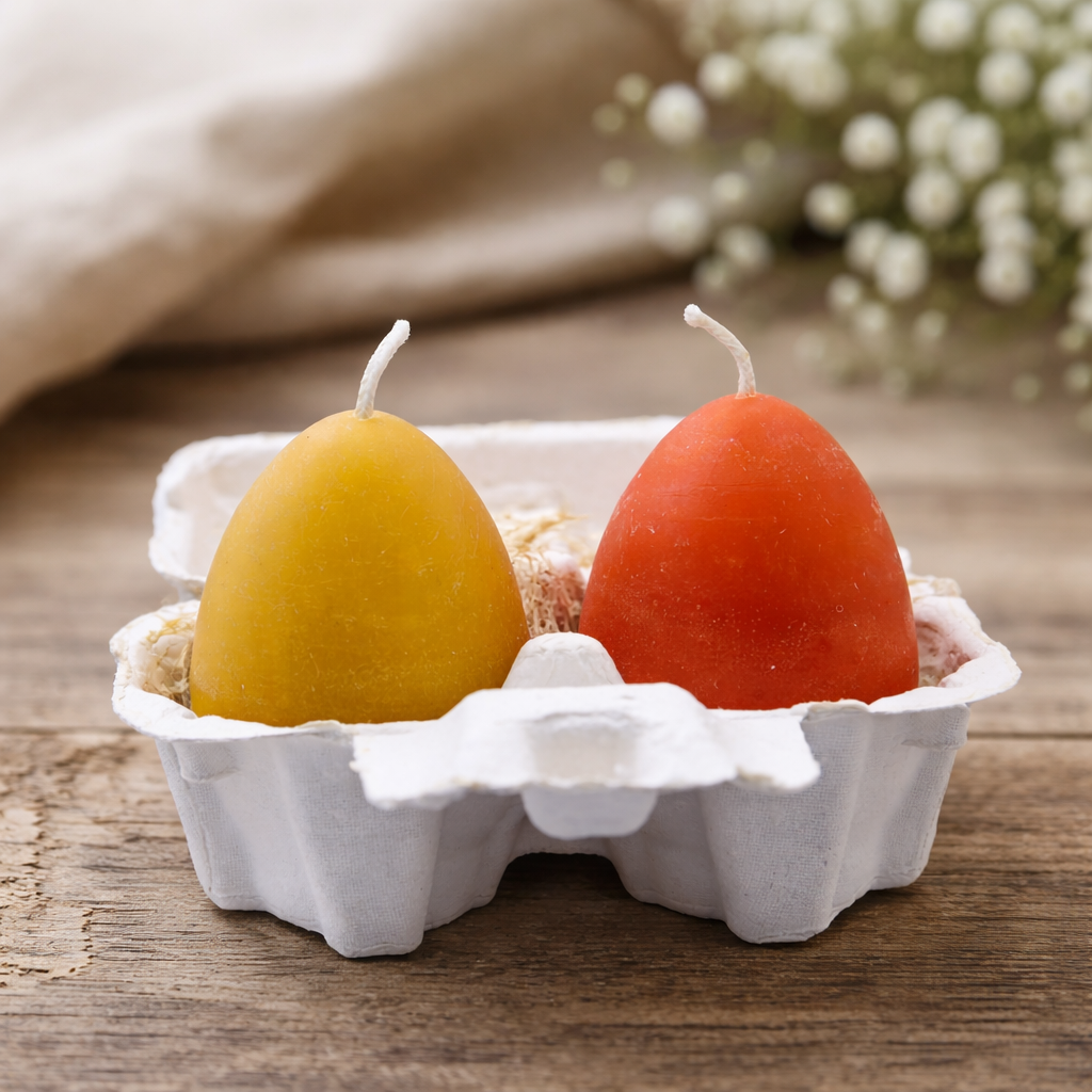 Handcrafted beeswax egg candles pair for spring and Easter table decor
