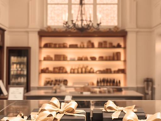 an elegant glass confectionery case in an upscale bakery with high ceilings and arched doo
