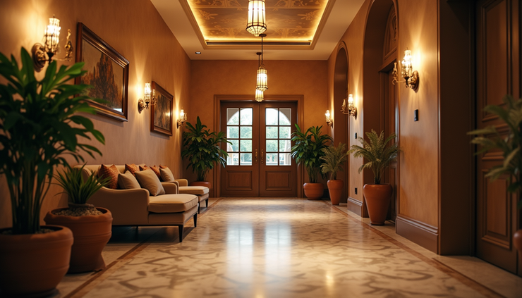 Eye-level view of a cozy boutique hotel lobby with unique decor