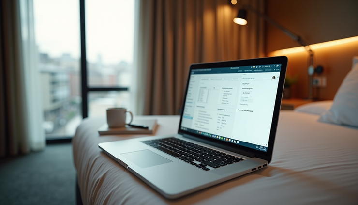 High angle view of a hotel room with a laptop showing a booking page