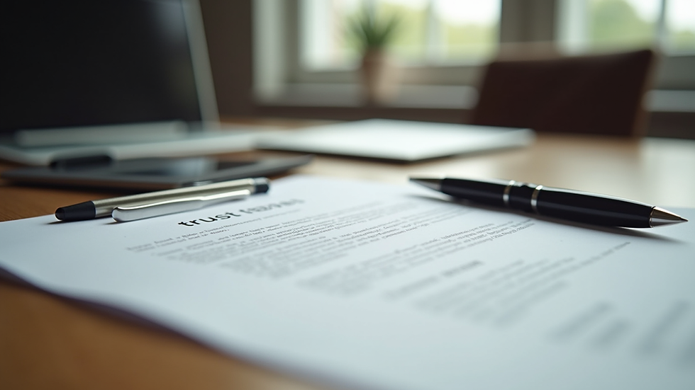 Eye-level view of a wooden table with a trust document and a pen