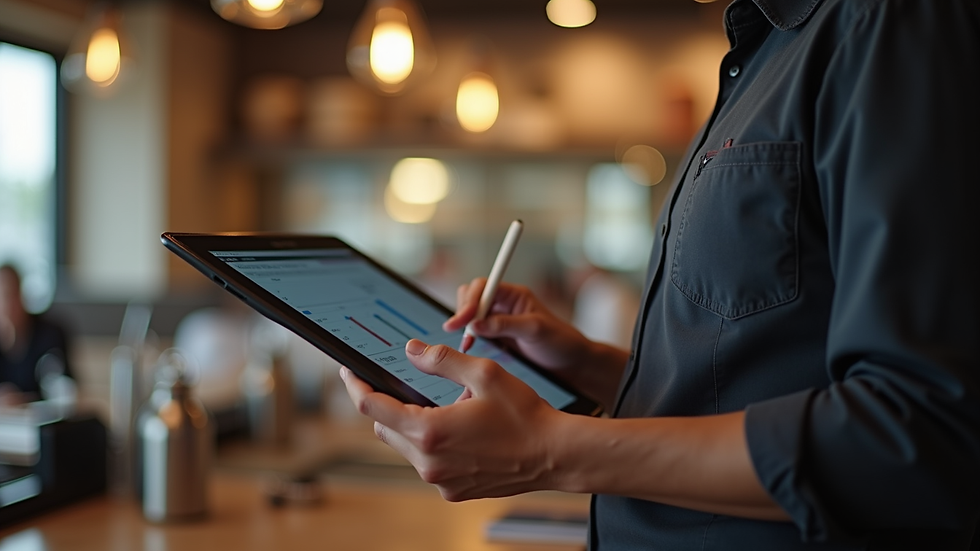 Close-up view of a restaurant manager using a tablet with management software