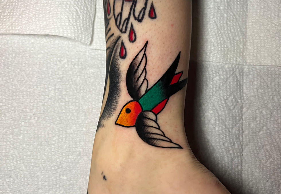 Traditional tattoo, swallow, colorful tattoo, bird tattoo, trad