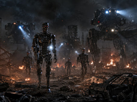 AI robots advancing through a burning city amid the war
