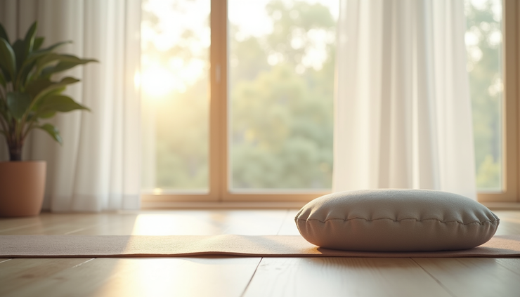 High angle view of a peaceful yoga mat and meditation cushion in a sunlit room