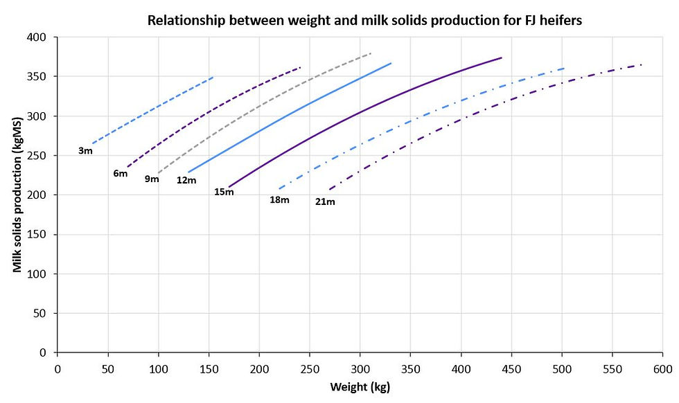The relationship between weight and milk solids production for Holstein-Friesian-Jersey crossbreed dairy heifers aged between 3 and 21 months of age (m)
