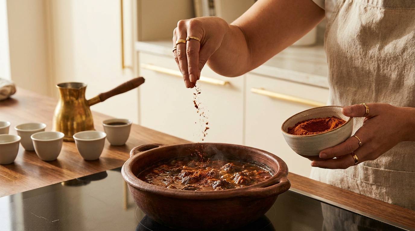 Berbere being sprinkled over a simmering clay pot