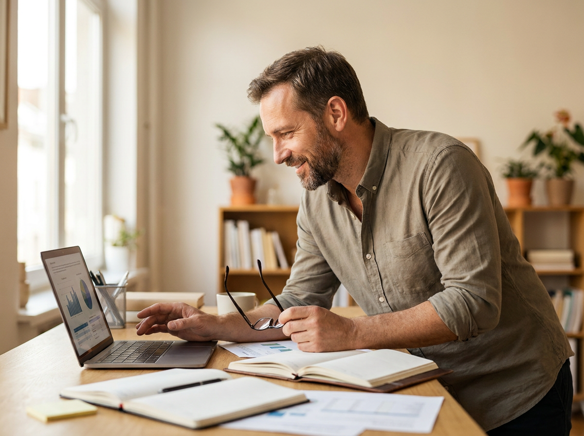 A small service business owner reviewing his business on a laptop
