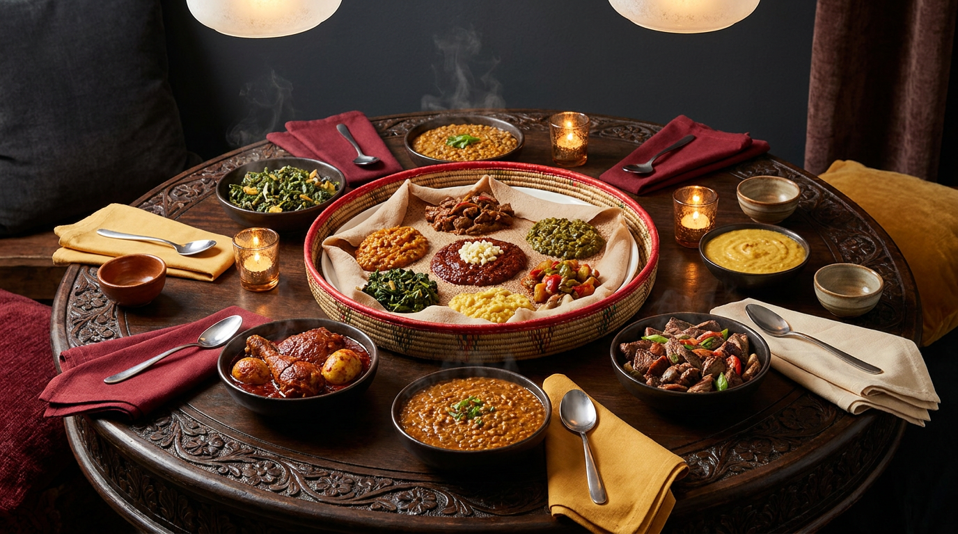 An Ethiopian feast of wots, tibs and vegetables arranged on injera