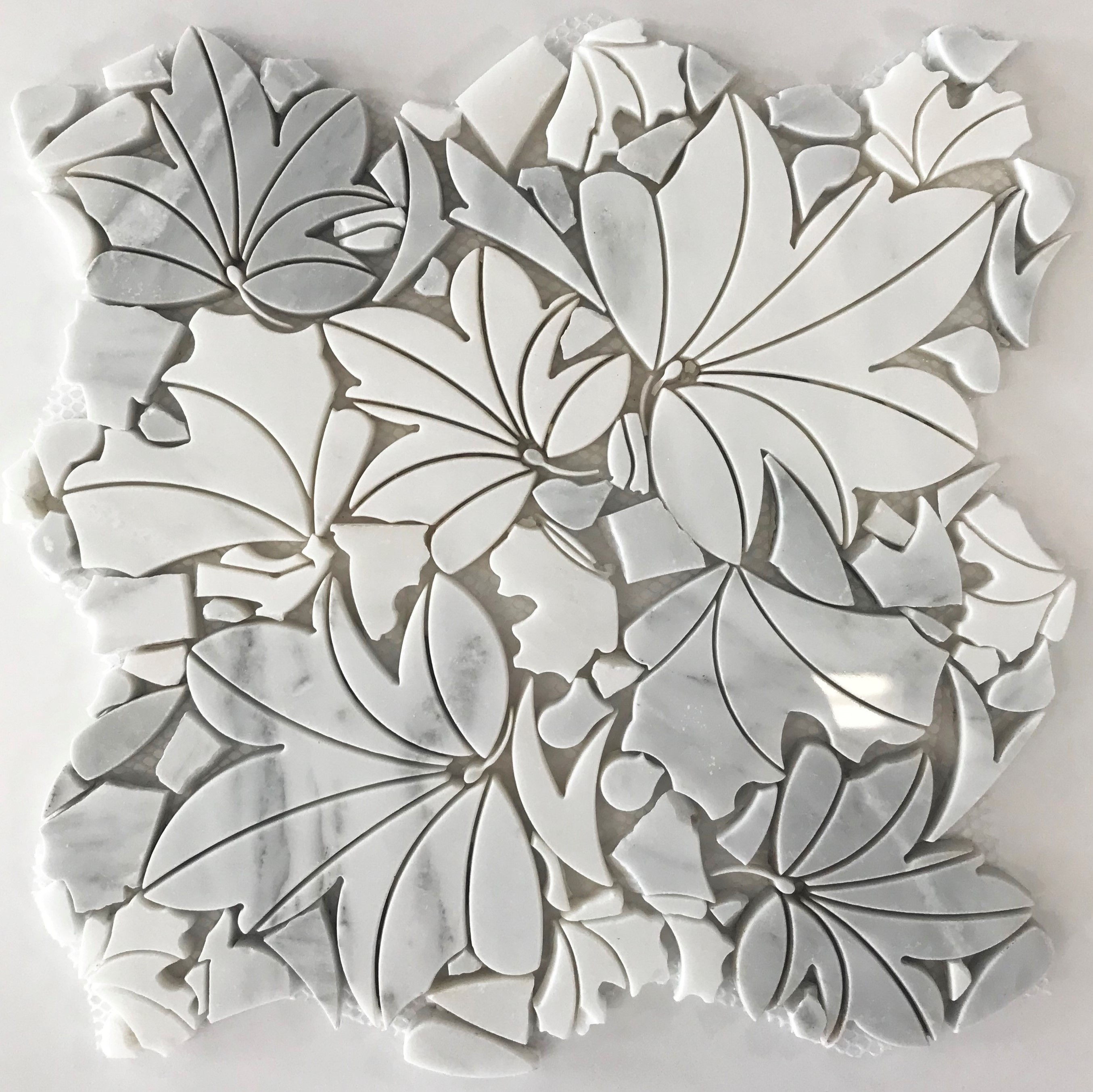 White Jungle waterjet marble carrara mosaic, inspired by nature, is beautiful for walls or floors