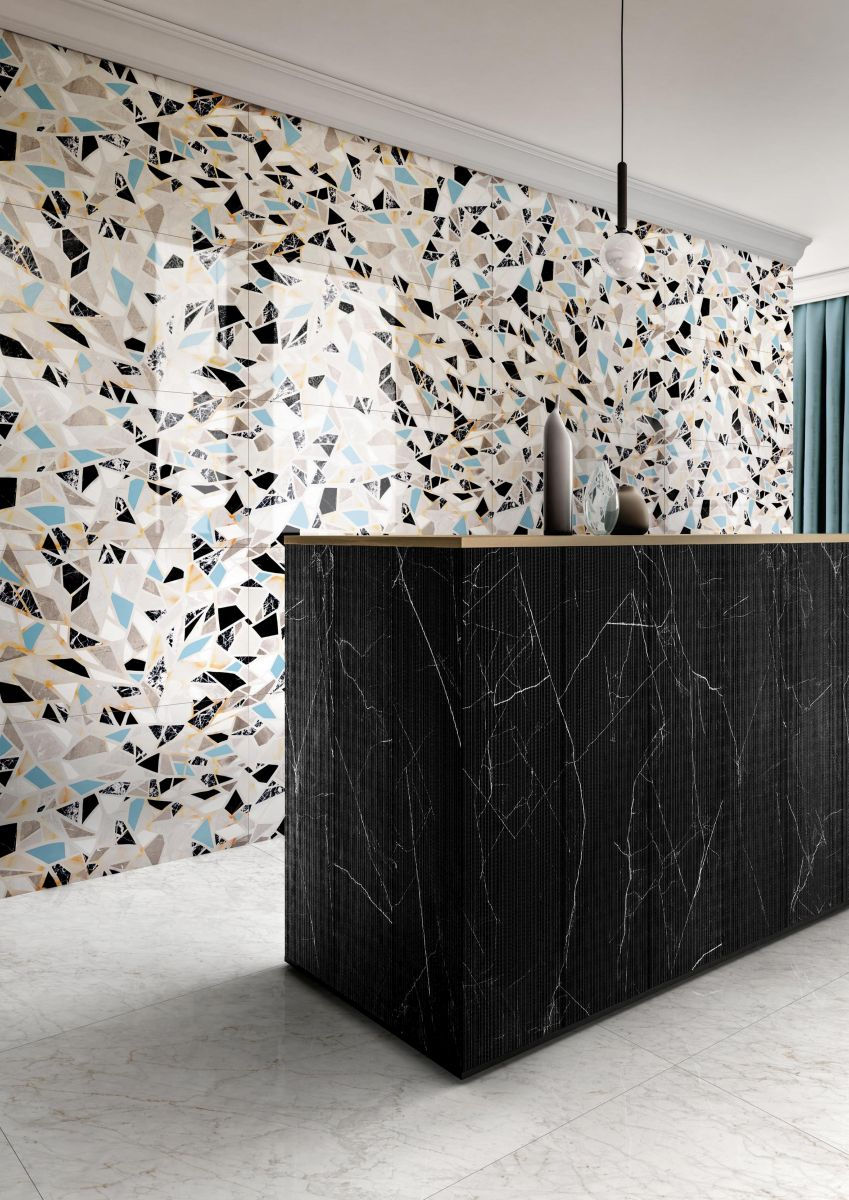 Thumbnail: Part of the newest tiles in the Valentino collection, Alps White polished imitates prestigious marbles quarried in the Alps